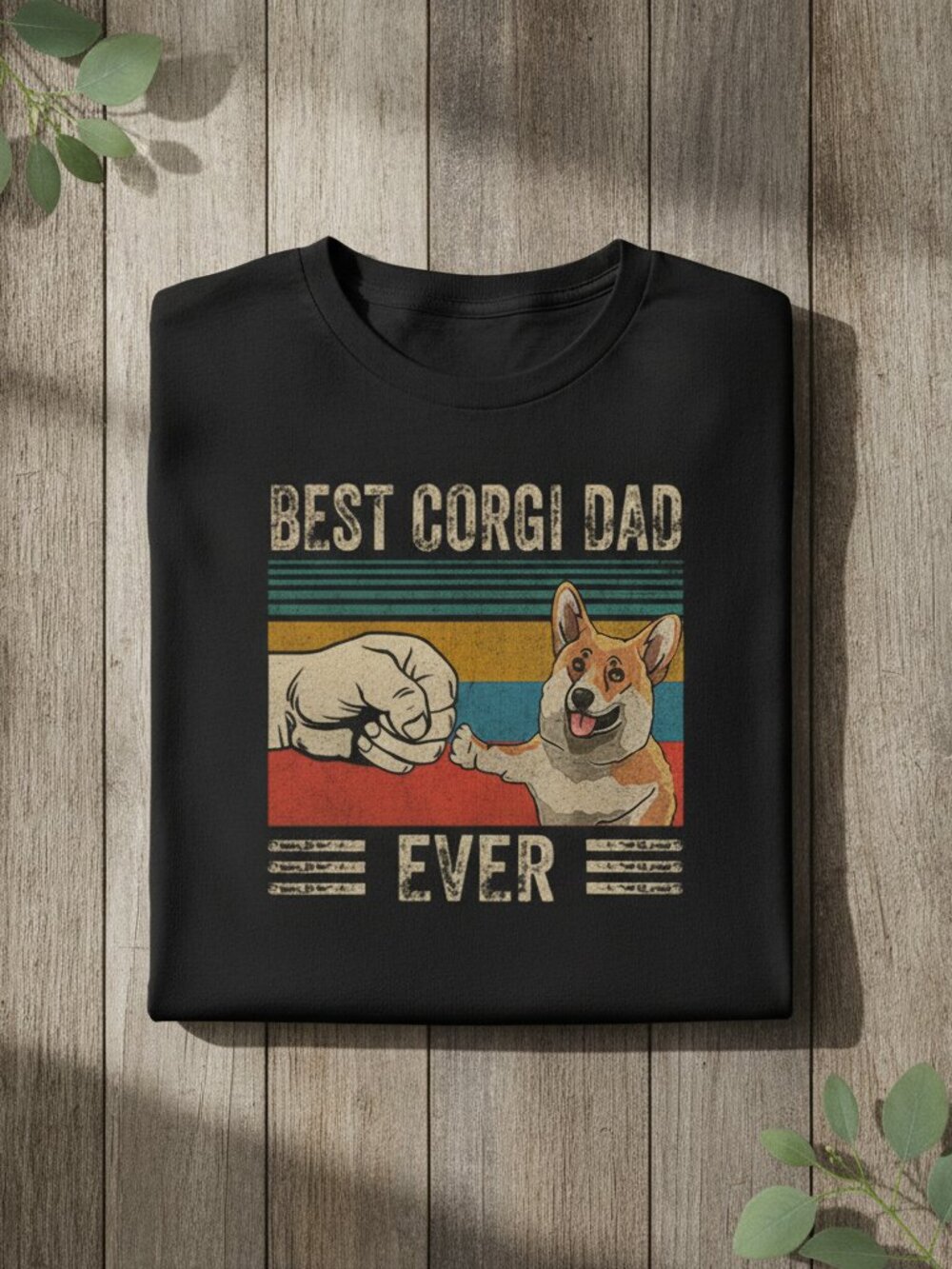 Best Corgi Dad Ever Fist Bump Vintage Retro Graphic Black T-Shirt